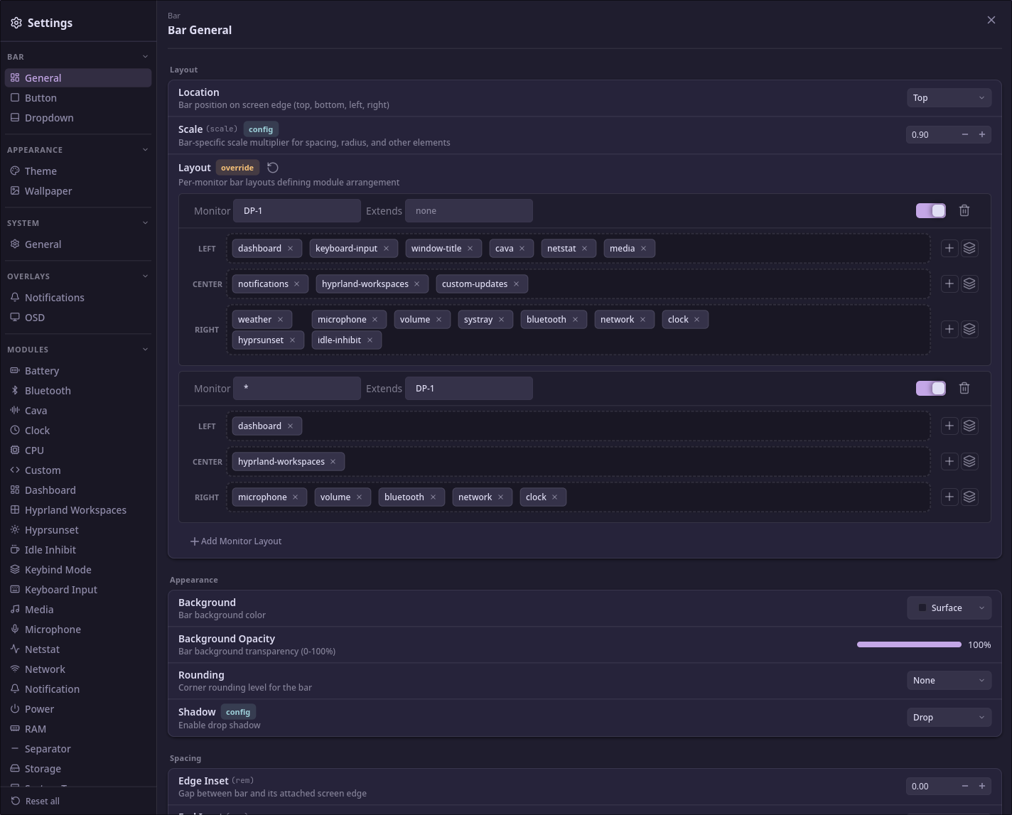 Lumen settings GUI